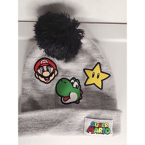 Super Mario Bros Toddlers Beanie Hat. Mario, Yoshi, And A Star. Mario Logo.